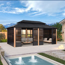 PURPLE LEAF Sunroom Hardtop Gazebo with Wood Grain Columns Black Frame Double Roof Galvanized Steel Solarium All-Weather Screen House