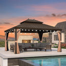 PURPLE LEAF Outdoor Hardtop Gazebo for Garden Bronze Double Roof Aluminum Frame Pavilion with String Lights-milky