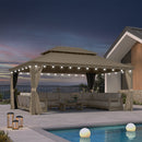 PURPLE LEAF Backyard Gazebo Champagne Hardtop Galvanized Steel Roof Awning and Upgrade Curtain with Lights-milky