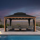 PURPLE LEAF Hardtop Gazebo for Patio Wood Grain Aluminum Frame Awning with String Lights-clear