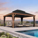PURPLE LEAF Hardtop Gazebo for Patio Wood Grain Aluminum Frame Awning with Netting