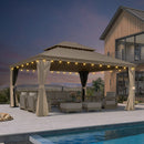 PURPLE LEAF Backyard Gazebo Champagne Hardtop Galvanized Steel Roof Awning and Upgrade Curtain with Lights-clear