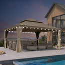 PURPLE LEAF Backyard Gazebo Champagne Hardtop Galvanized Steel Roof Awning and Upgrade Curtain with Lights-milky