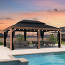 PURPLE LEAF Hardtop Gazebo for Patio Wood Grain Aluminum Frame Awning with String Lights-milky