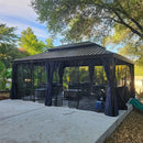PURPLE LEAF Outdoor Hardtop Gazebo for Patio Bronze Aluminum Frame Pavilion with Navy-Blue Curtain and String Lights-milky