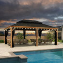 PURPLE LEAF Hardtop Gazebo for Patio Wood Grain Aluminum Frame Awning with String Lights-clear