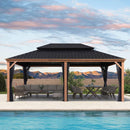 PURPLE LEAF Hardtop Gazebo for Patio Wood Grain Aluminum Frame Awning with Netting