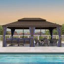 PURPLE LEAF Outdoor Hardtop Gazebo for Patio Bronze Aluminum Frame Pavilion with Navy-Blue Curtain and Reinforced Support Rods