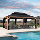 PURPLE LEAF Hardtop Gazebo for Patio Wood Grain Aluminum Frame Awning with Netting