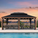 PURPLE LEAF Hardtop Gazebo for Patio Wood Grain Aluminum Frame Awning with String Lights-milky