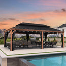 PURPLE LEAF Hardtop Gazebo for Patio Wood Grain Aluminum Frame Awning with String Lights-milky