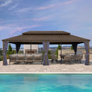 PURPLE LEAF Outdoor Hardtop Gazebo for Patio Bronze Aluminum Frame Pavilion with Navy-Blue Curtain and Reinforced Support Rods
