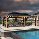 PURPLE LEAF Hardtop Gazebo for Patio Wood Grain Aluminum Frame Awning with String Lights-clear