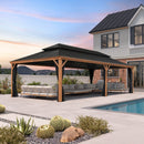 PURPLE LEAF Hardtop Gazebo for Patio Wood Grain Aluminum Frame Awning with String Lights-milky
