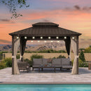 PURPLE LEAF Hardtop Gazebo Featuring Galvanized Steel Double Roof and Bronze Aluminum Frame with Curtains and Netting for Poolside with Lights-clear