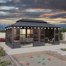 PURPLE LEAF Sunroom Hardtop Gazebo Solarium Grey Galvanized Steel Double Roof  All-Weather Aluminum Outdoor Screen House with String Lights