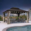 PURPLE LEAF Hardtop Gazebo Featuring Galvanized Steel Double Roof and Bronze Aluminum Frame with Curtains and Netting for Poolside with Lights-clear