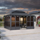 PURPLE LEAF Sunroom Hardtop Gazebo Solarium Grey Galvanized Steel Double Roof  All-Weather Aluminum Outdoor Screen House with String Lights