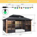 PURPLE LEAF Sunroom Hardtop Gazebo with Wood Grain Columns Black Frame Double Roof Galvanized Steel Solarium All-Weather Screen House with String Lights
