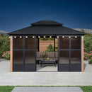 PURPLE LEAF Sunroom Hardtop Gazebo with Wood Grain Columns Black Frame Double Roof Galvanized Steel Solarium All-Weather Screen House with String Lights