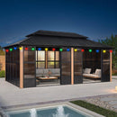PURPLE LEAF Sunroom Hardtop Gazebo with Wood Grain Columns Black Frame Double Roof Galvanized Steel Solarium All-Weather Screen House with String Lights