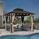 PURPLE LEAF Hardtop Gazebo Featuring Galvanized Steel Double Roof and Bronze Aluminum Frame with Curtains and Netting for Backyard with Lights-milky