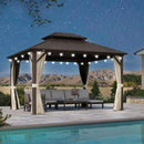 PURPLE LEAF Hardtop Gazebo Featuring Galvanized Steel Double Roof and Bronze Aluminum Frame with Curtains and Netting for Backyard with Lights-milky