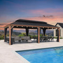 PURPLE LEAF Hardtop Gazebo for Patio Wood Grain Aluminum Frame Awning with String Lights-milky