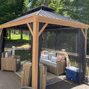 PURPLE LEAF Hardtop Gazebo for Patio Wood Grain Aluminum Frame Awning with Netting