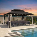 PURPLE LEAF Hardtop Gazebo Featuring Galvanized Steel Double Roof and Bronze Aluminum Frame with Curtains and Netting for Poolside with Lights-clear