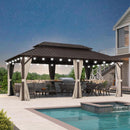 PURPLE LEAF Hardtop Gazebo Featuring Galvanized Steel Double Roof and Bronze Aluminum Frame with Curtains and Netting for Backyard with Lights-milky