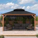 PURPLE LEAF Hardtop Gazebo for Patio Wood Grain Aluminum Frame Awning with Netting