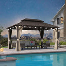 PURPLE LEAF Hardtop Gazebo Featuring Galvanized Steel Double Roof and Bronze Aluminum Frame with Curtains and Netting for Backyard with Lights-milky