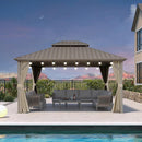 PURPLE LEAF Deck Gazebo Champagne Hardtop Metal Frame Double Roof with Curtains and Netting with Lights-milky