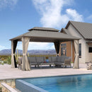 PURPLE LEAF Deck Gazebo Champagne Hardtop Metal Frame Double Roof with Curtains and Netting