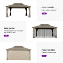 PURPLE LEAF Deck Gazebo Champagne Hardtop Metal Frame Double Roof with Curtains and Netting with Lights-milky