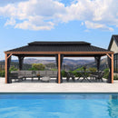 PURPLE LEAF Hardtop Gazebo for Patio Wood Grain Aluminum Frame Awning with Netting