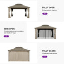 PURPLE LEAF Deck Gazebo Champagne Hardtop Metal Frame Double Roof with Curtains and Netting