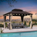 PURPLE LEAF Hardtop Gazebo Featuring Galvanized Steel Double Roof and Bronze Aluminum Frame with Curtains and Netting for Poolside with Lights-clear