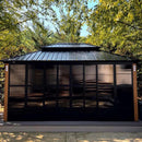 PURPLE LEAF Sunroom Hardtop Gazebo with Wood Grain Columns Black Frame Double Roof Galvanized Steel Solarium All-Weather Screen House with String Lights