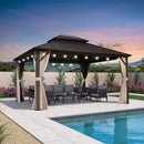 PURPLE LEAF Hardtop Gazebo Featuring Galvanized Steel Double Roof and Bronze Aluminum Frame with Curtains and Netting for Poolside with Lights-clear