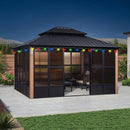 PURPLE LEAF Sunroom Hardtop Gazebo with Wood Grain Columns Black Frame Double Roof Galvanized Steel Solarium All-Weather Screen House with String Lights