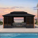 PURPLE LEAF Sunroom Hardtop Gazebo with Wood Grain Columns Black Frame Double Roof Galvanized Steel Solarium All-Weather Screen House