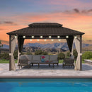 PURPLE LEAF Hardtop Gazebo Featuring Galvanized Steel Double Roof and Bronze Aluminum Frame with Curtains and Netting for Poolside with Lights-clear