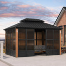 PURPLE LEAF Sunroom Hardtop Gazebo with Wood Grain Columns Black Frame Double Roof Galvanized Steel Solarium All-Weather Screen House with String Lights