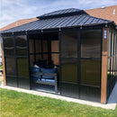 PURPLE LEAF Sunroom Hardtop Gazebo with Wood Grain Columns Black Frame Double Roof Galvanized Steel Solarium All-Weather Screen House with String Lights