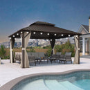 PURPLE LEAF Hardtop Gazebo Featuring Galvanized Steel Double Roof and Bronze Aluminum Frame with Curtains and Netting for Backyard with Lights-milky