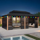 PURPLE LEAF Sunroom Hardtop Gazebo with Wood Grain Columns Black Frame Double Roof Galvanized Steel Solarium All-Weather Screen House with String Lights