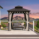 PURPLE LEAF Hardtop Gazebo Featuring Galvanized Steel Double Roof and Bronze Aluminum Frame with Curtains and Netting for Poolside with Lights-clear