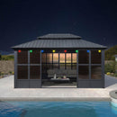 PURPLE LEAF Sunroom Hardtop Gazebo Solarium Grey Galvanized Steel Double Roof  All-Weather Aluminum Outdoor Screen House with String Lights